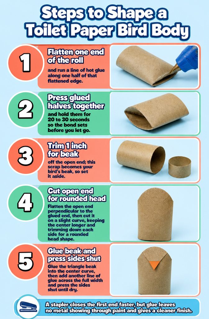 Toilet Paper Bird Craft: 4 Steps to Make a Roll Bird (2026) 3 Instructions for shaping the body of a toilet paper bird from a tube.