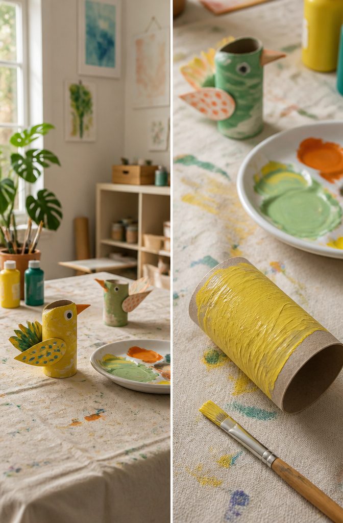 Toilet Paper Bird Craft: 4 Steps to Make a Roll Bird (2026) 4 A toilet paper bird being painted with bright acrylic colors.