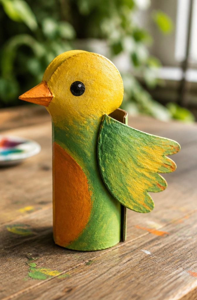 Toilet Paper Bird Craft: 4 Steps to Make a Roll Bird (2026) 1 A finished toilet paper bird made from a cardboard tube, painted in bright colors.