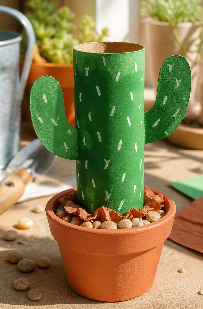 25 Toilet Paper Roll Crafts Kids and Adults Can Make 18 A green cactus figure created from a toilet paper roll.
