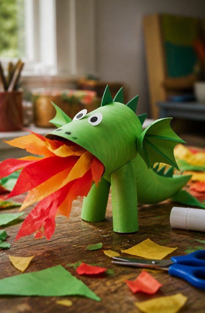 25 Toilet Paper Roll Crafts Kids and Adults Can Make 23 A dragon figure crafted from a toilet paper roll with tissue flames.