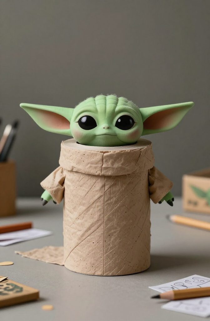 25 Toilet Paper Roll Crafts Kids and Adults Can Make 14 A green Grogu figure made from a toilet paper roll and paper ears.
