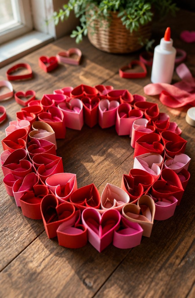 25 Toilet Paper Roll Crafts Kids and Adults Can Make 9 A heart-shaped wreath created with flattened toilet paper rolls.