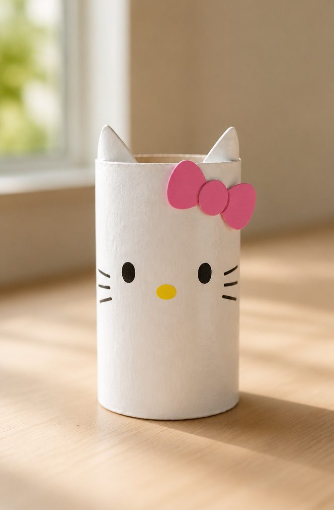 25 Toilet Paper Roll Crafts Kids and Adults Can Make 13 Hello Kitty head crafted from a toilet paper roll with paper ears.