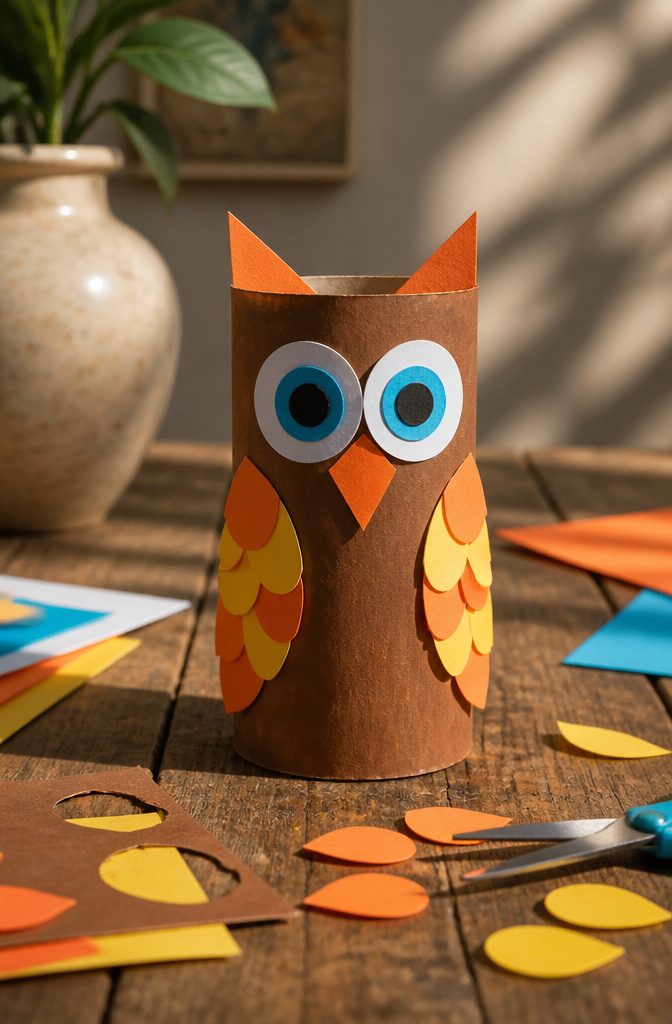 25 Toilet Paper Roll Crafts Kids and Adults Can Make 5 A toilet paper roll transformed into an owl with ears and a face.