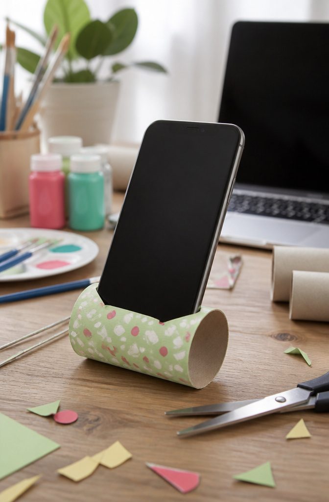 25 Toilet Paper Roll Crafts Kids and Adults Can Make 25 A phone stand made from a toilet paper roll with a cut slot.