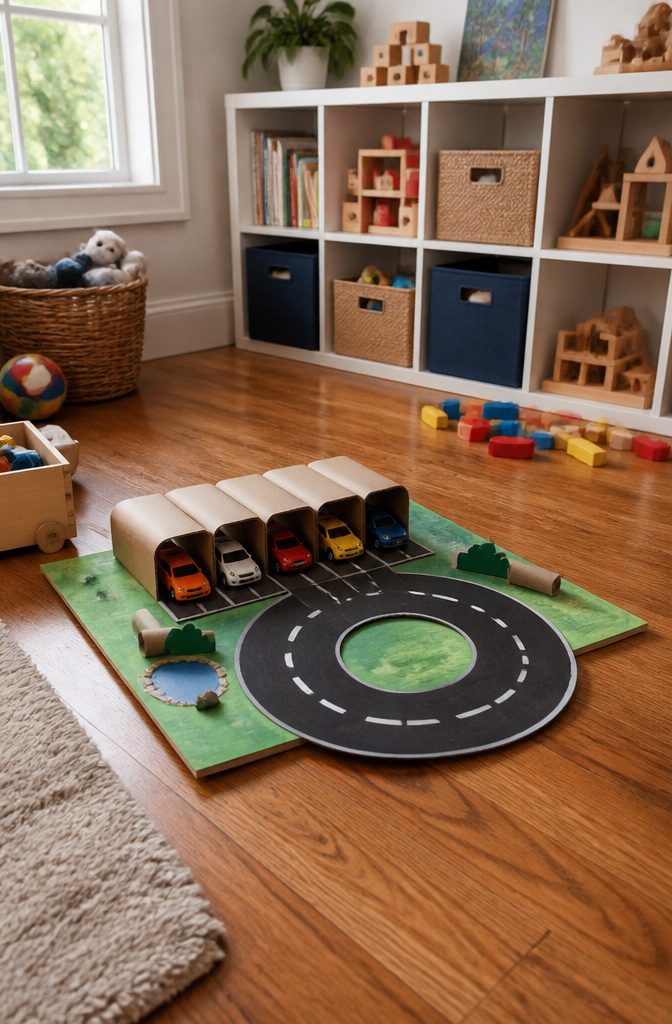 25 Toilet Paper Roll Crafts Kids and Adults Can Make 4 A cardboard base with toilet paper rolls as garage bays and track.