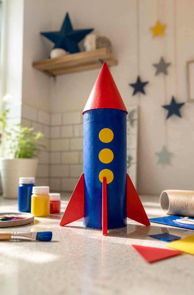 25 Toilet Paper Roll Crafts Kids and Adults Can Make 6 A colorful rocket made from a toilet paper roll and paper fins.