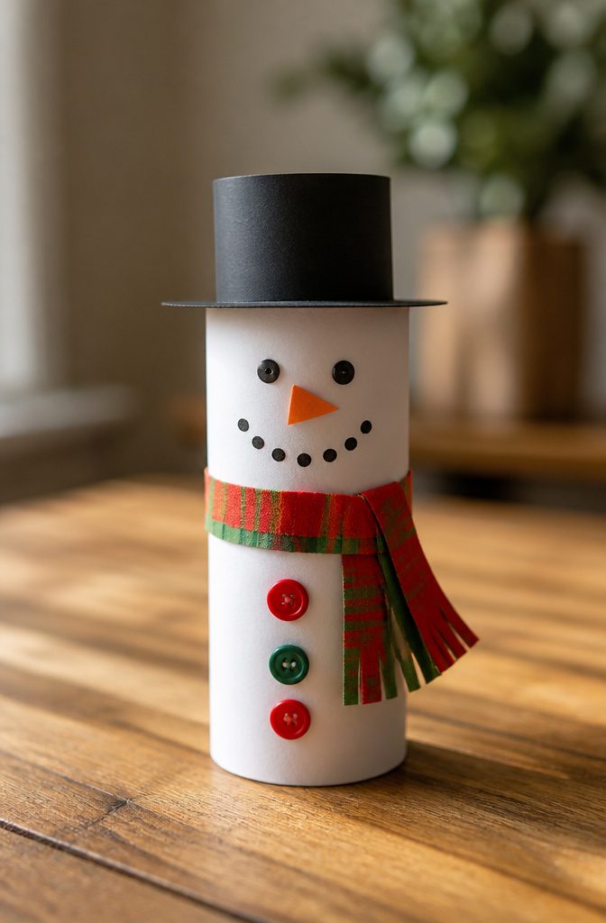 25 Toilet Paper Roll Crafts Kids and Adults Can Make 24 A snowman figure made from a white-painted toilet paper roll.