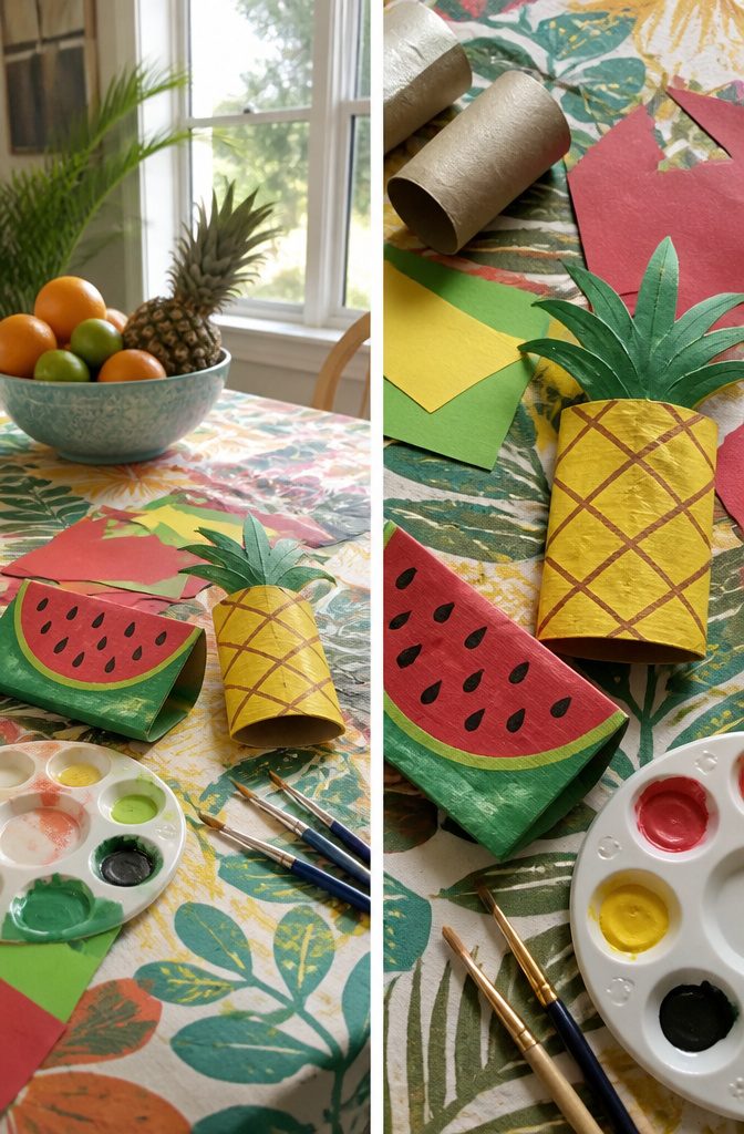 25 Toilet Paper Roll Crafts Kids and Adults Can Make 15 Crafts representing watermelon and pineapple using toilet paper rolls.