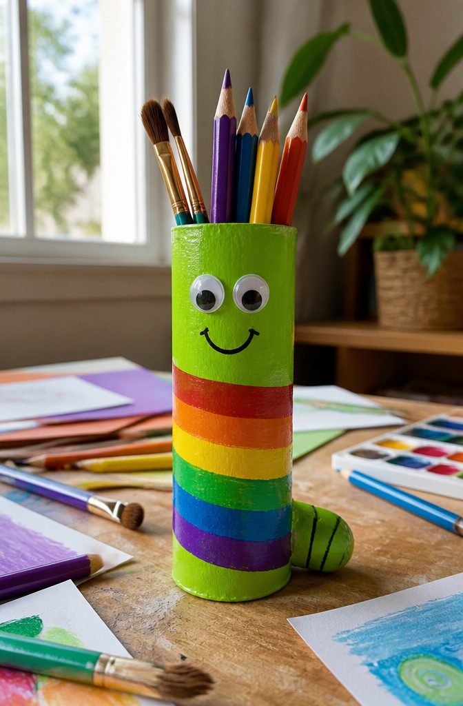 25 Toilet Paper Roll Crafts Kids and Adults Can Make 2 A green worm pencil holder with googly eyes on a cluttered desk.