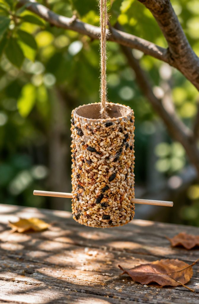 A toilet paper roll coated in birdseed and tied with string.