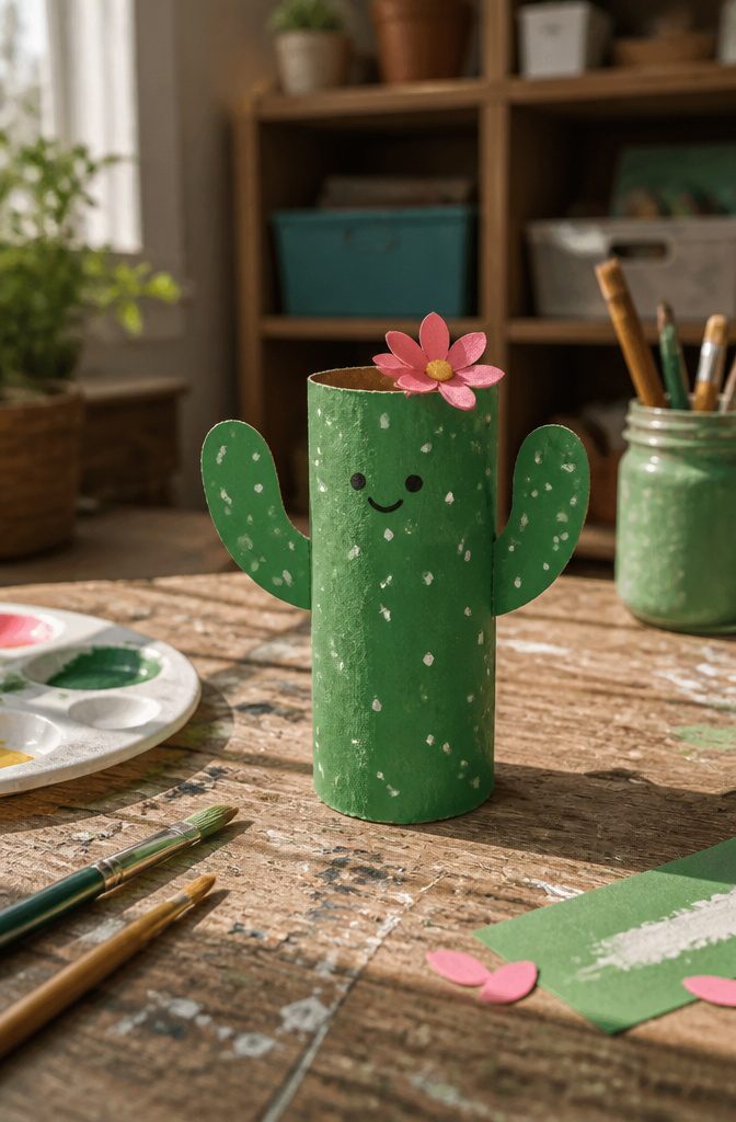A painted toilet paper roll cactus with construction paper arms and flower.