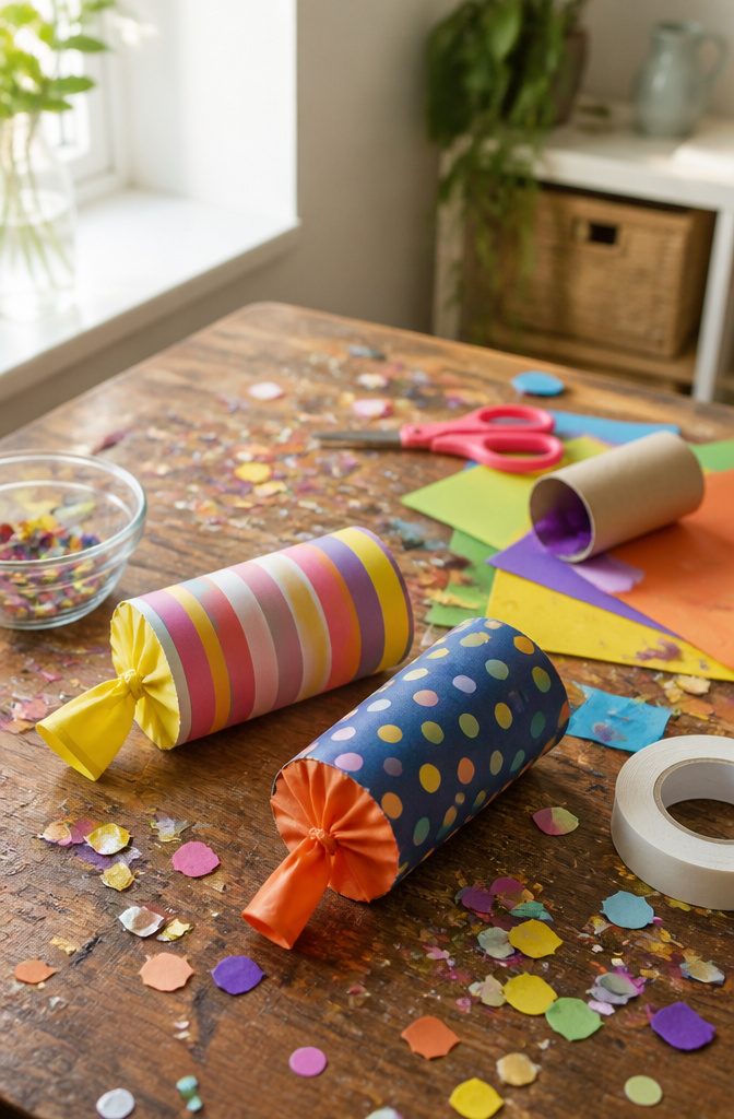 Toilet paper roll confetti poppers decorated with bright designs.