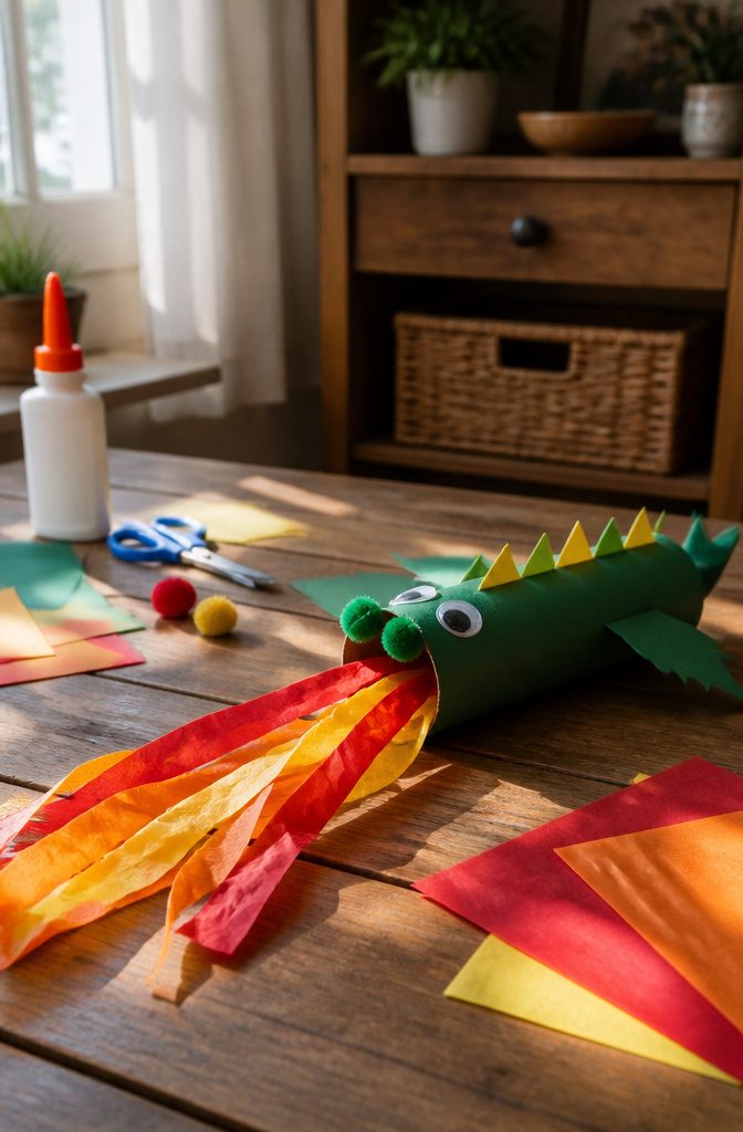 A painted toilet paper roll dragon with colorful tissue paper flames.