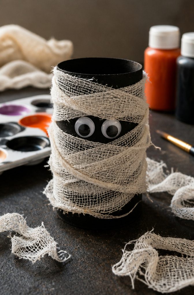 A toilet paper roll mummy wrapped in gauze with eyes peeking through.
