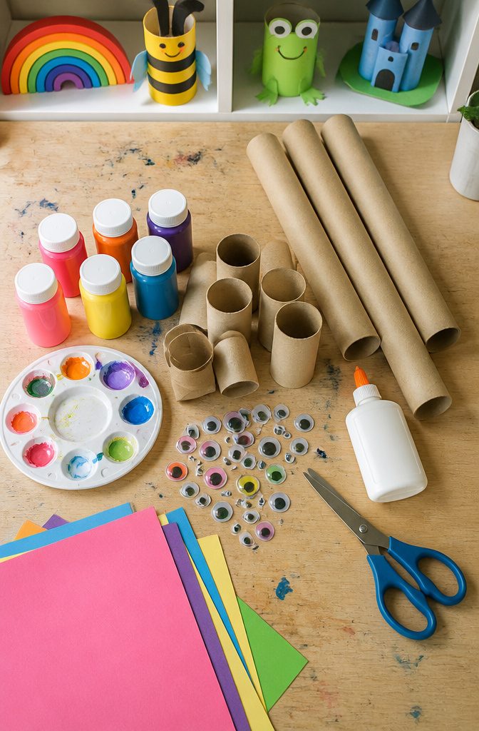 Toilet paper rolls, paint, glue, scissors, and construction paper.