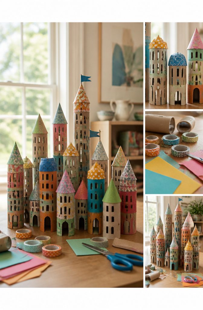 Toilet paper rolls arranged as buildings with colorful markers and paper.