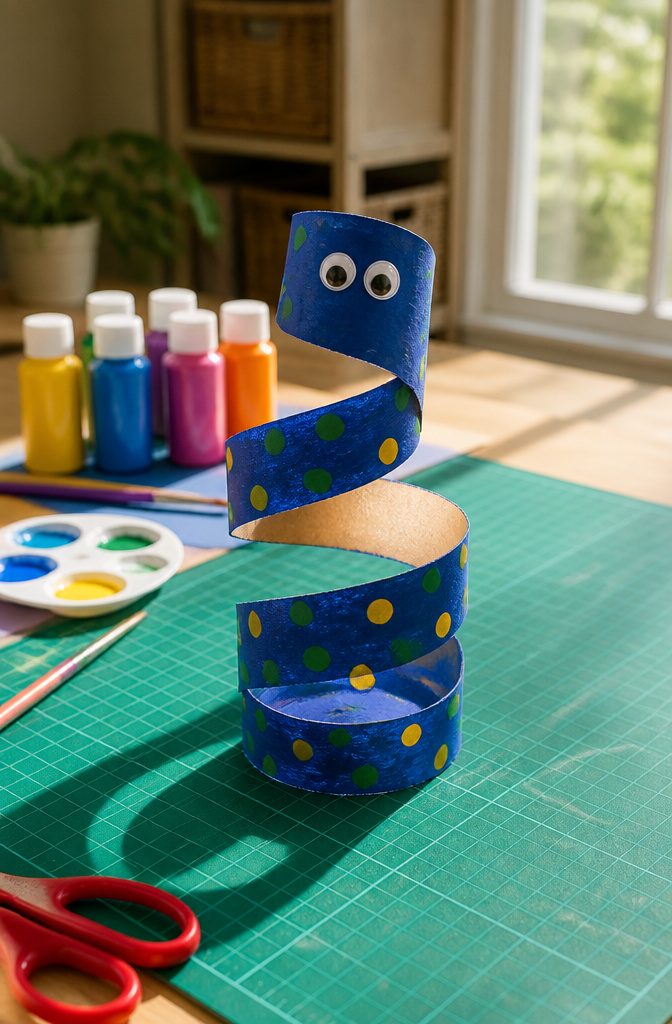 A painted toilet paper roll cut into a spiral shape resembling a snake.
