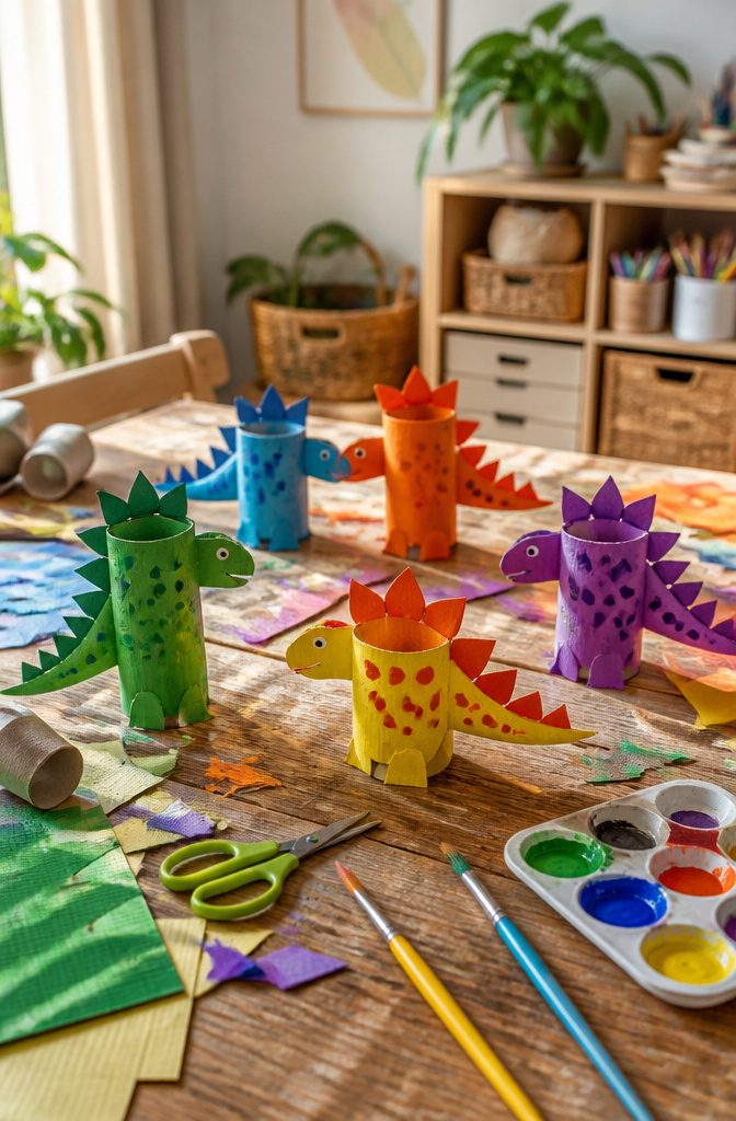 Various painted toilet paper roll dinosaurs with cardboard spikes.