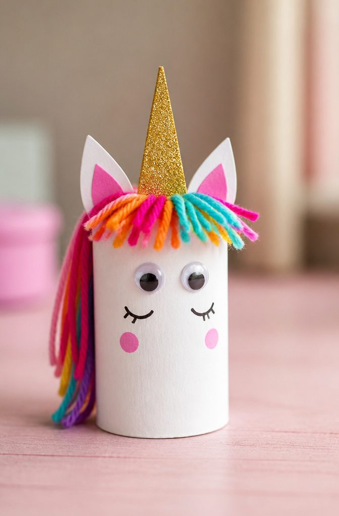 A toilet paper roll unicorn decorated with yarn and paper ears.