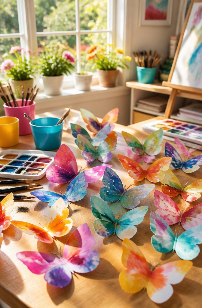 25 Unique Craft Ideas: Robots, Puppets, Paints & More 19 Colorful butterflies made from painted folded paper.