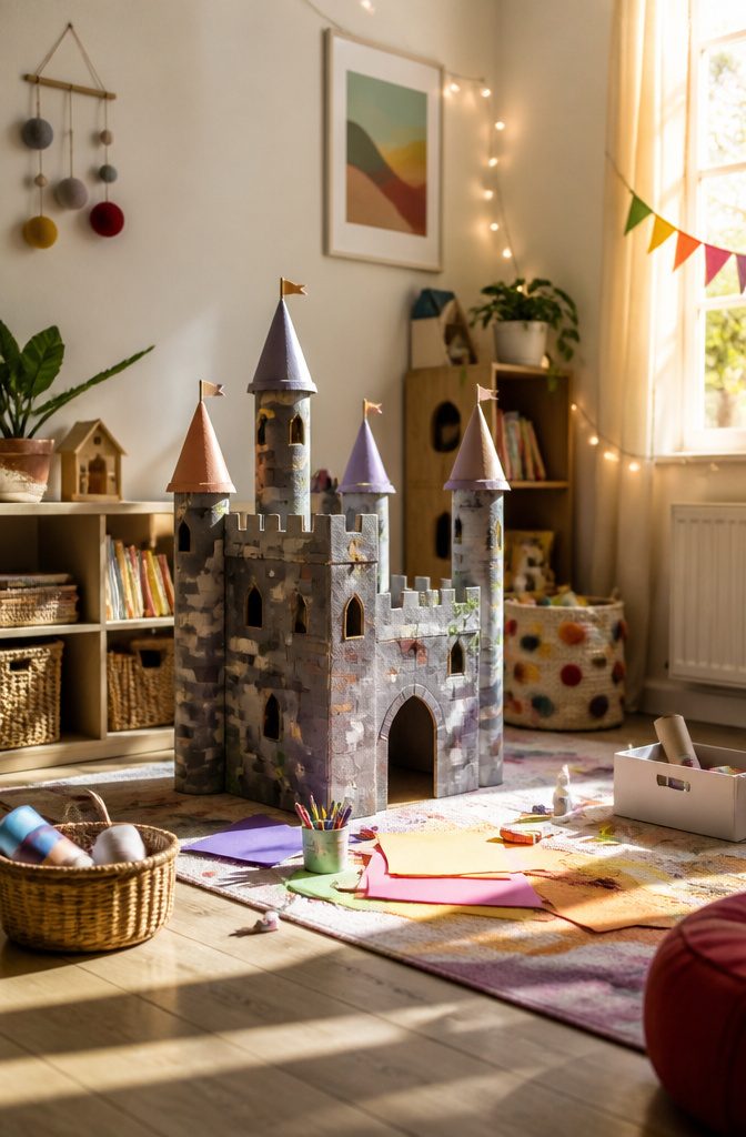 25 Unique Craft Ideas: Robots, Puppets, Paints & More 10 A castle crafted from tissue boxes and cardboard rolls.