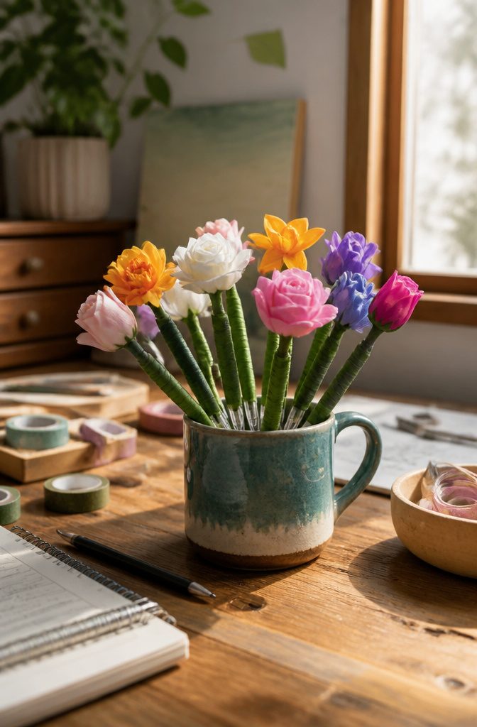 25 Unique Craft Ideas: Robots, Puppets, Paints & More 4 Colorful flower pens arranged in a pencil cup on a desk.
