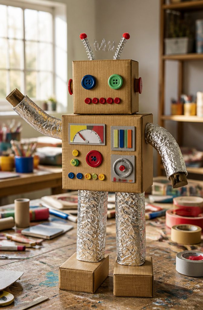 25 Unique Craft Ideas: Robots, Puppets, Paints & More 1 Cardboard box robots decorated with foil and buttons.
