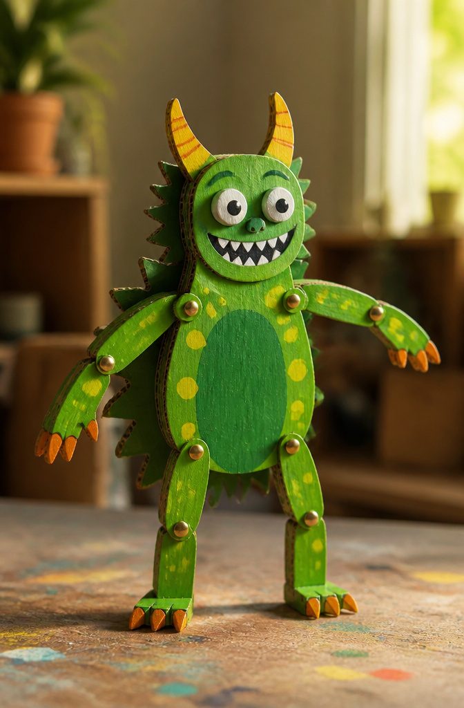 25 Unique Craft Ideas: Robots, Puppets, Paints & More 25 A jointed cardboard creature with movable limbs.
