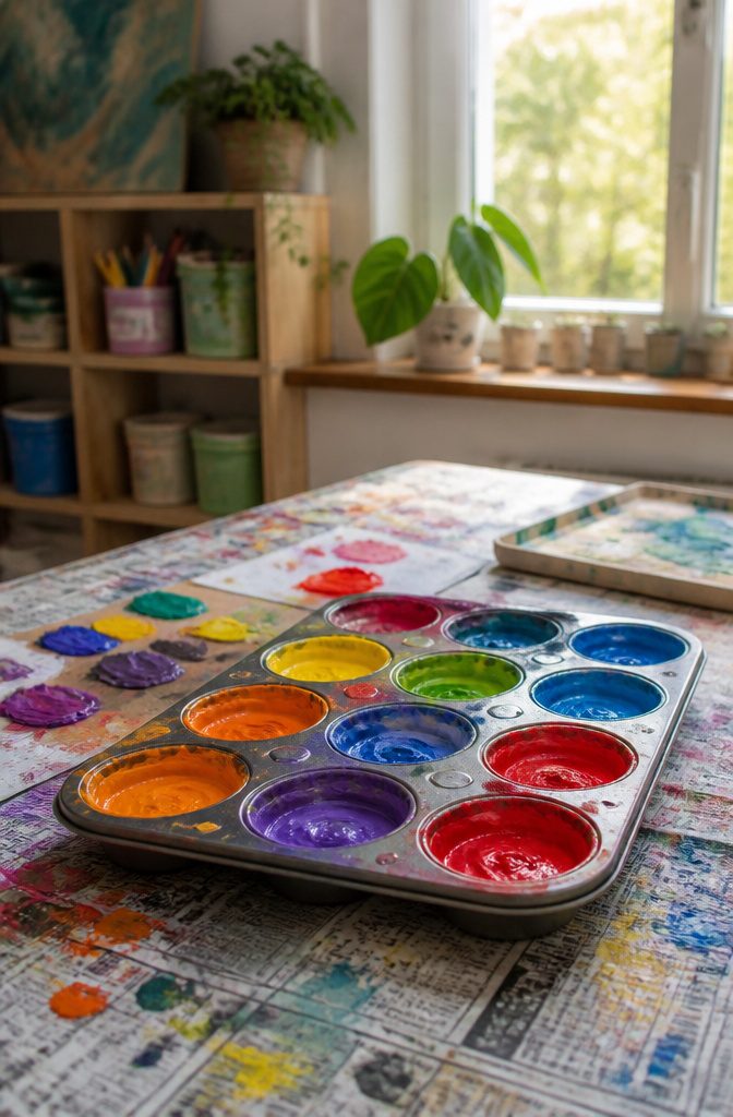 25 Unique Craft Ideas: Robots, Puppets, Paints & More 8 A muffin tin filled with vibrant homemade finger paints.