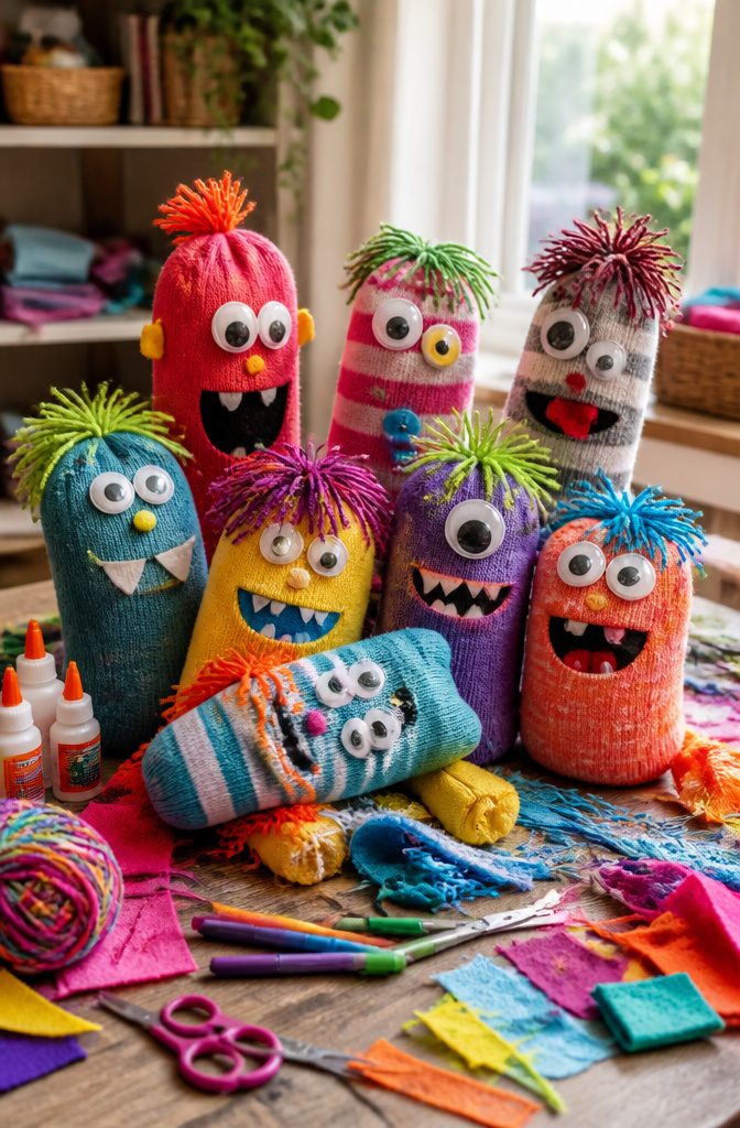 25 Unique Craft Ideas: Robots, Puppets, Paints & More 23 A sock puppet decorated with googly eyes and yarn.