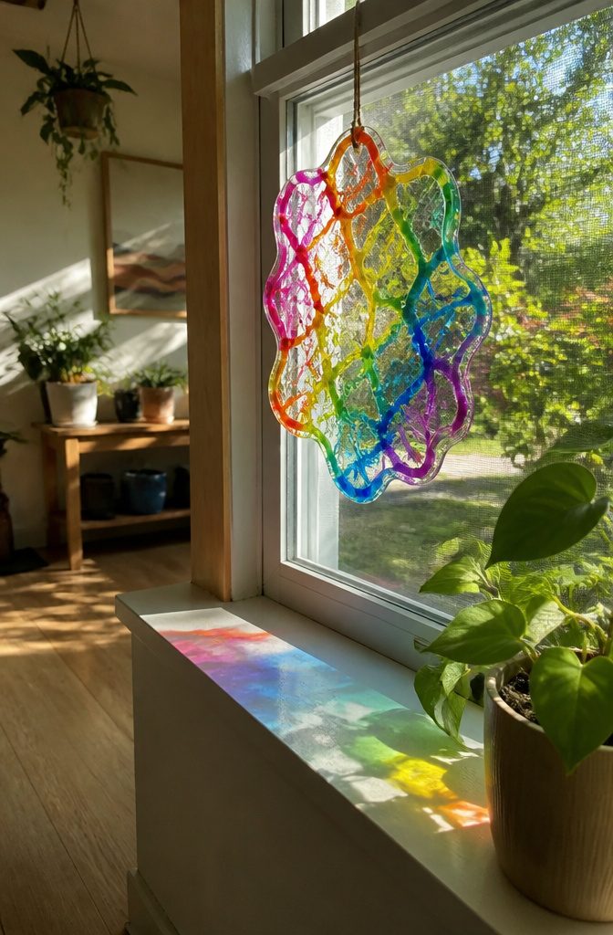 25 Unique Craft Ideas: Robots, Puppets, Paints & More 5 A colorful suncatcher hanging in a sunlit window.