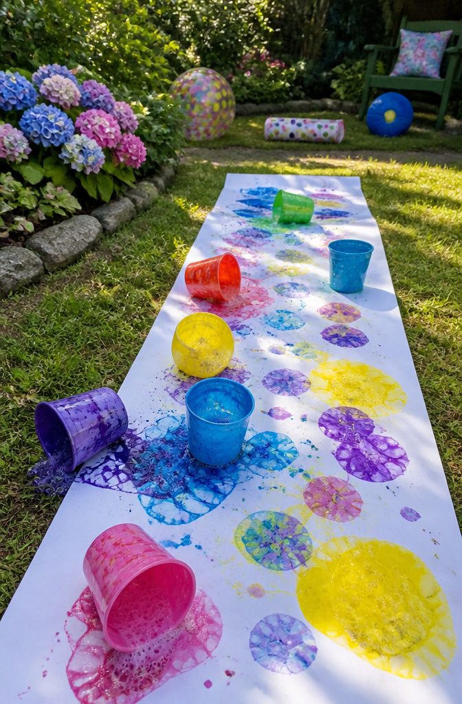 25 Unique Craft Ideas: Robots, Puppets, Paints & More 13 Colorful bubble paints spilling onto paper on grass.