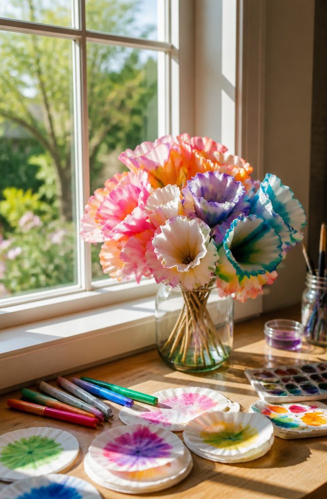 25 Unique Craft Ideas: Robots, Puppets, Paints & More 21 Colorful paper filter flowers in a clear vase.
