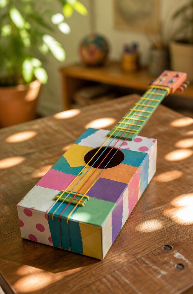 25 Unique Craft Ideas: Robots, Puppets, Paints & More 12 A homemade guitar made from a shoebox and rubber bands.