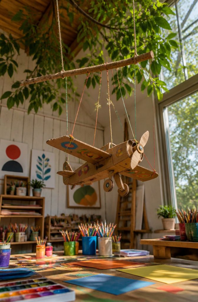 25 Unique Craft Ideas: Robots, Puppets, Paints & More 17 A cardboard plane puppet suspended from strings.