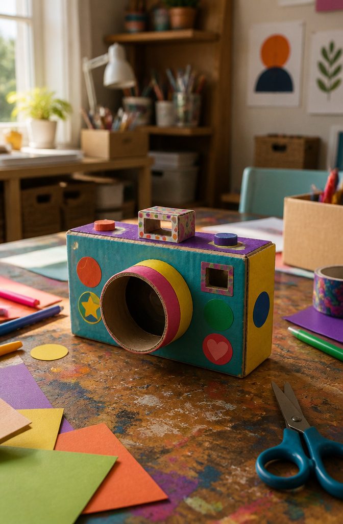 25 Unique Craft Ideas: Robots, Puppets, Paints & More 2 A toy camera crafted from a cardboard box and decorated with markers.
