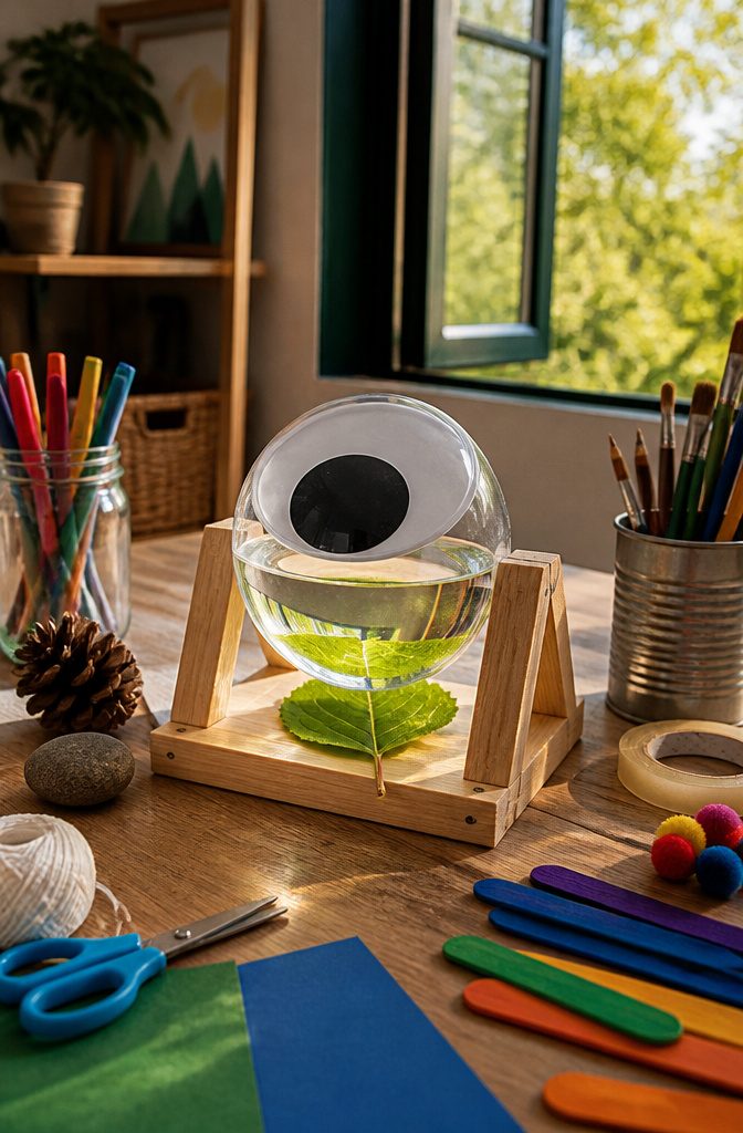 25 Unique Craft Ideas: Robots, Puppets, Paints & More 9 A googly eye filled with water sitting over a leaf.