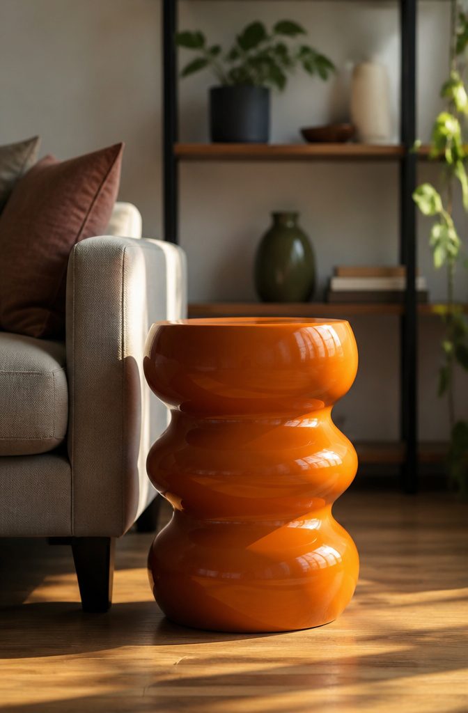 A colorful ceramic garden stool used as accent furniture.