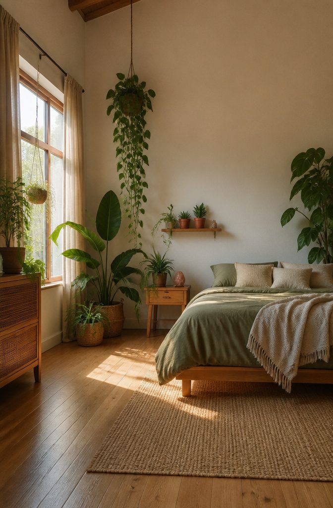 Hanging planters and tabletop succulents displayed in a bright space.