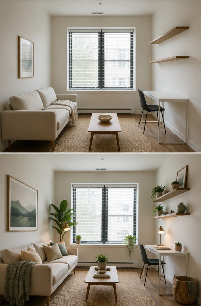 Wall-mounted shelves and furniture with visible legs in a small room.