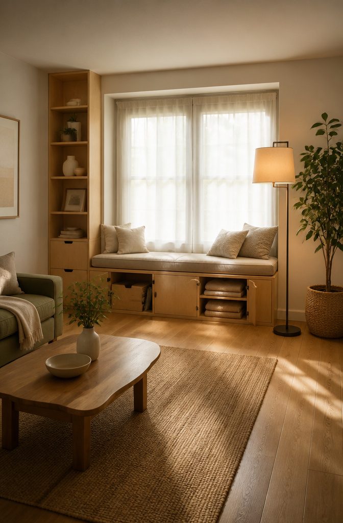 A window seat with cushions and storage underneath.