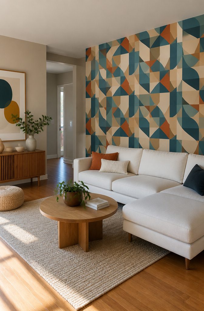 Peel-and-stick wallpaper with a geometric pattern on a feature wall.
