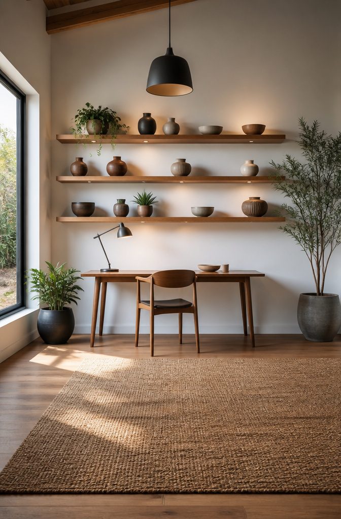 A floating shelf displaying books and decorative items.