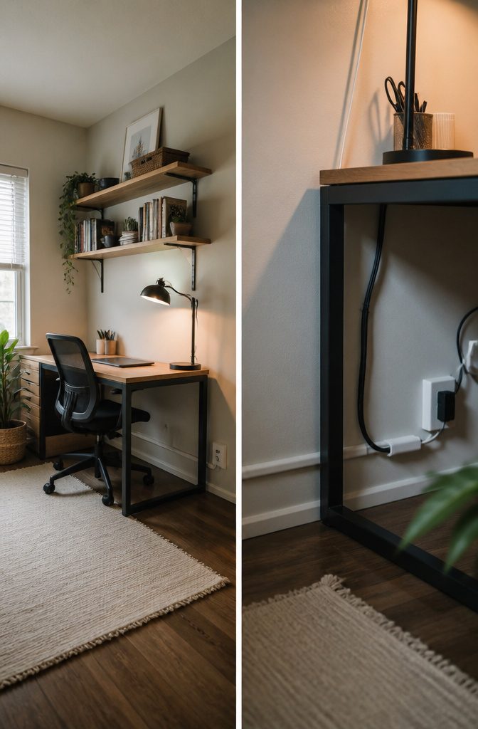 A workspace with a desk positioned against a wall.