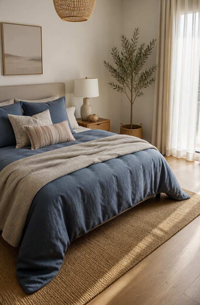 A bed with a solid linen duvet, waffle-weave blanket, and striped accent pillow.