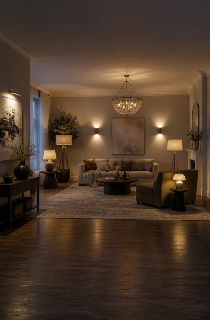 A room with multiple light sources for different purposes.