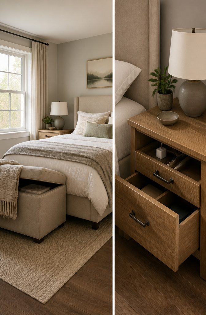 An ottoman storage bed and charging nightstand in a compact room.