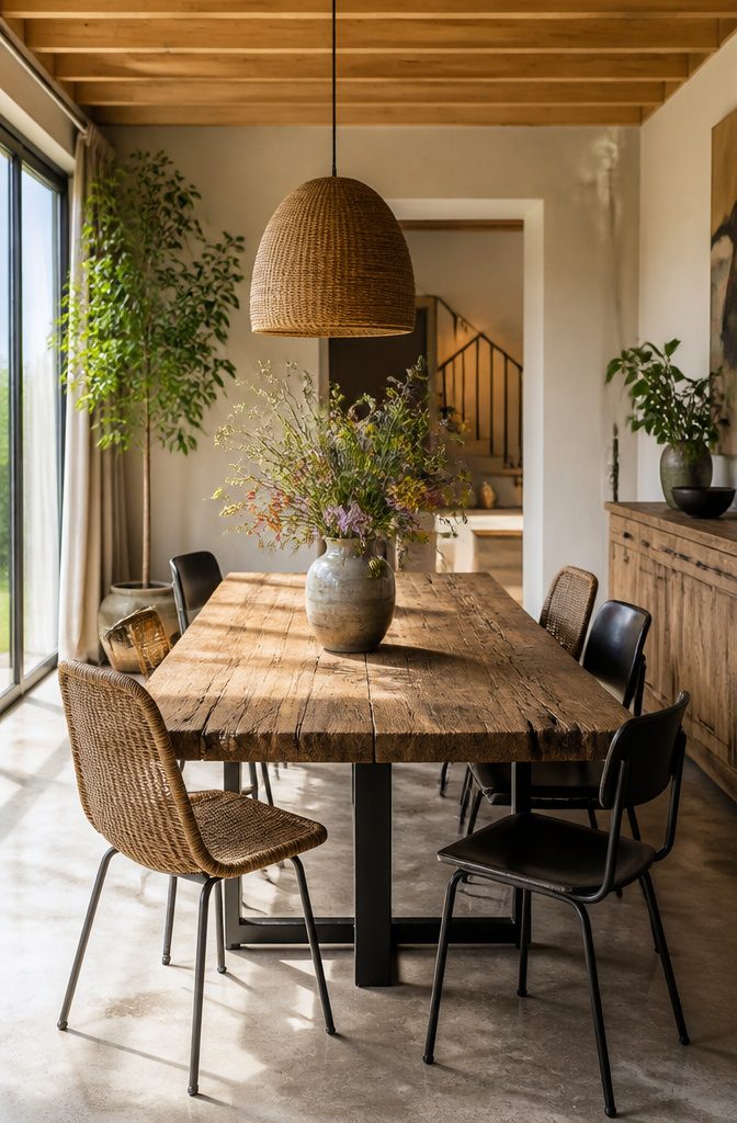A dining table made of raw wood surrounded by textured chairs.